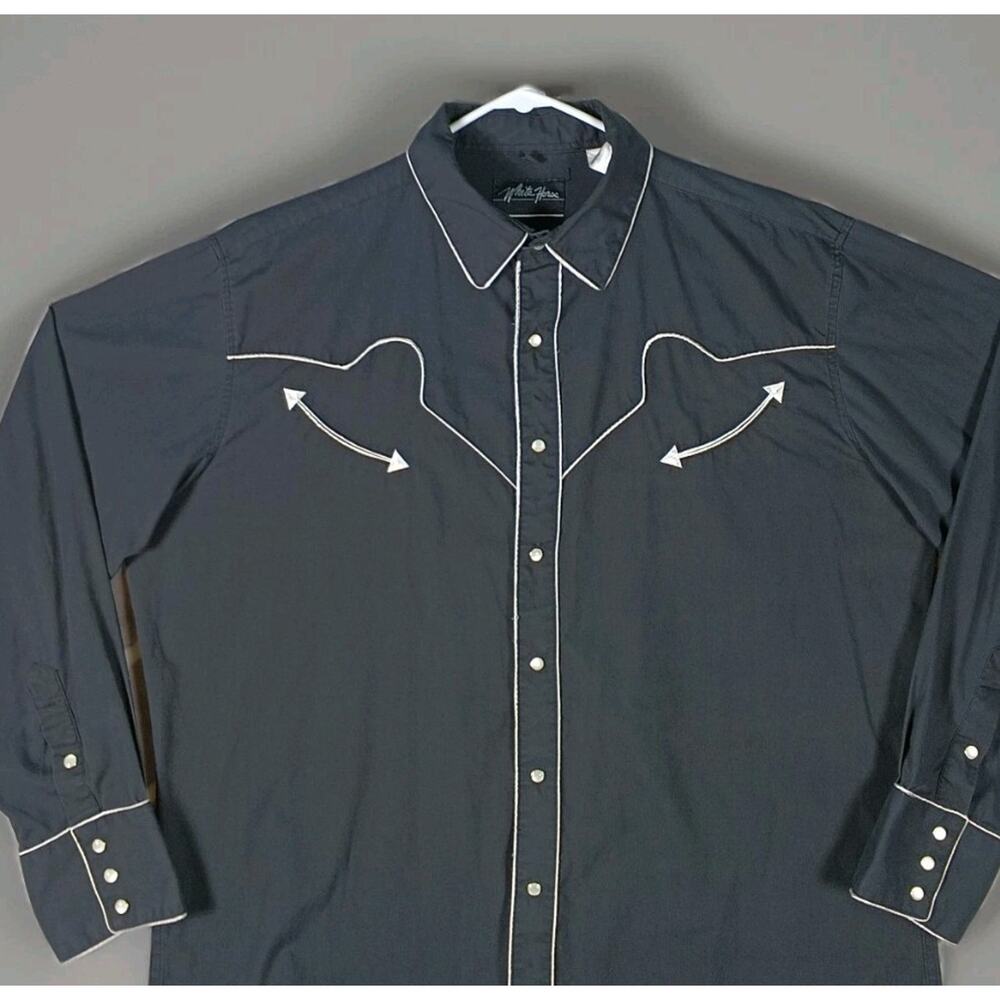 White Horse Western Shirt Men XL Black Piping Yoke Pearl Snap Smile Rockabilly